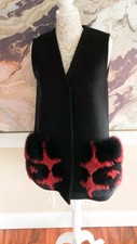 $3590 Fendi Fur Trimmed Black Red Wool Pocket Vest Coat