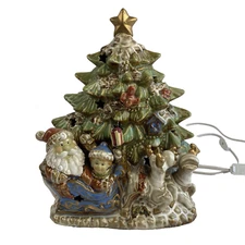 Christmas Tree Ceramic Green Santa Sled Reindeer Light Up Decor 10" Figurine