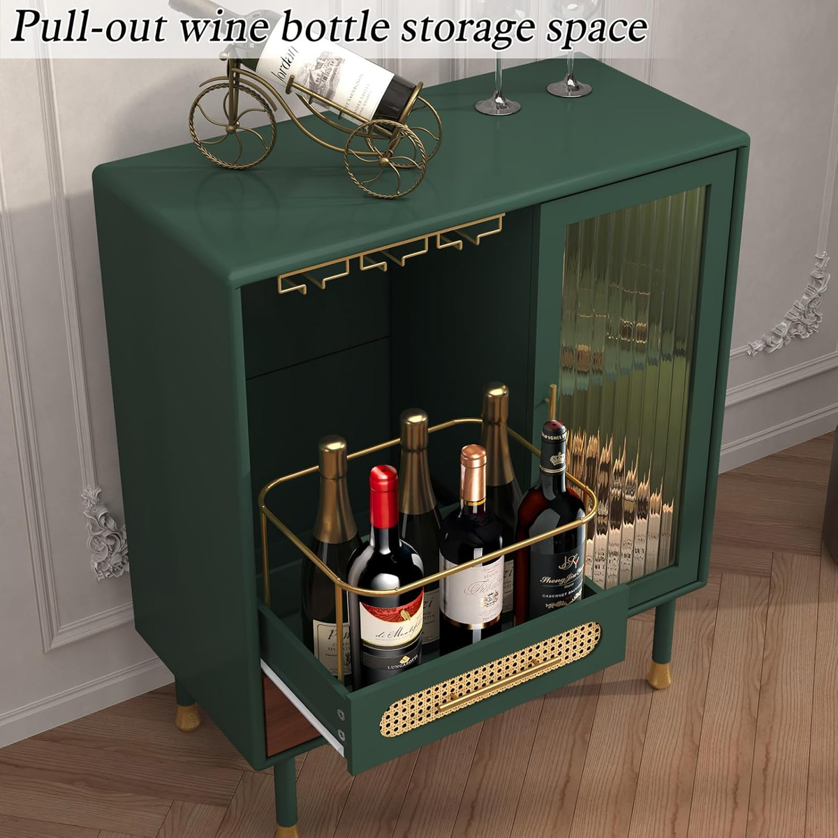 Modern Coffee Bar Cabinet with Wine Glass Rack and Drawers, Green Liquor  Cabinet