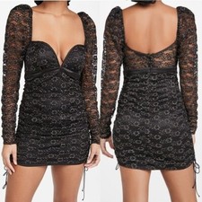 NWT FOR LOVE AND LEMONS Joanna Mini Dress Ruched Lace Black Metallic Gold 1X
