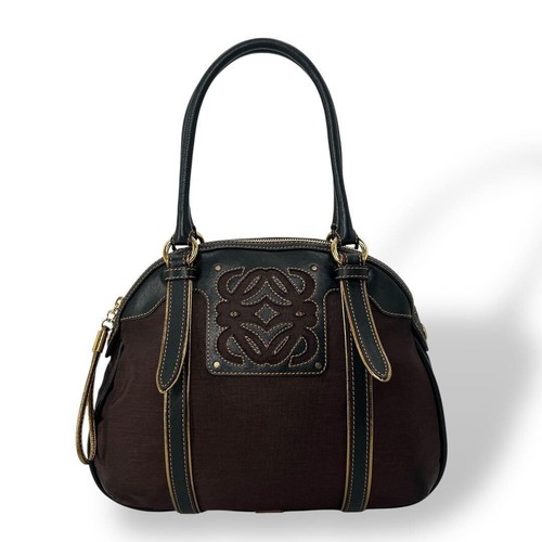 LOEWE Anagram Handbag Brown Black Nylon Leather Embossed Logo Gold Hardware