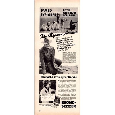 1939 Bromo-Seltzer Roy Chapman Andrews Original Vintage Print Ad