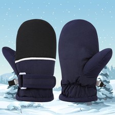 Thermal Kids Ski Mittens, Waterproof Medium, Navy Blue With Black Patches