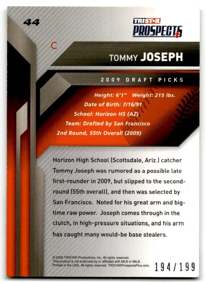 2009 TriStar Prospects Plus #44 Tommy Joseph Orange /199 San Francisco Giants - Image 2 of 2