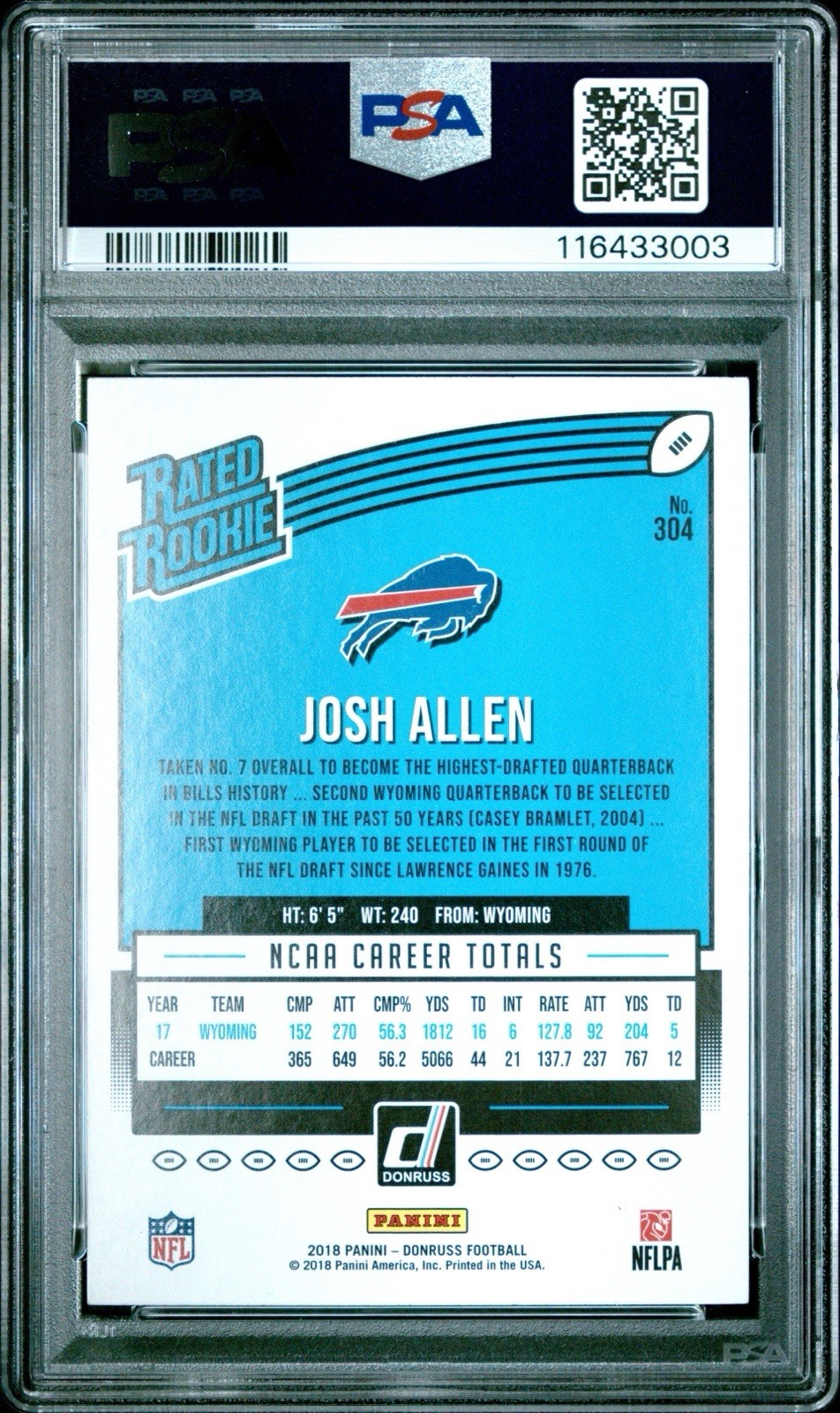 Panini 2018 Donruss Rated Rookie Josh Allen #304 RC PSA 7 Buffalo Bills view 2