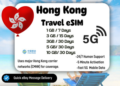 Hong Kong Travel eSIM Card,1-10GB, 7-30Days, Same Day Delivery, QR Code