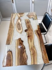 White Pearl Epoxy & Live Edge Wood Table Top - Handmade Resin Dining Table •