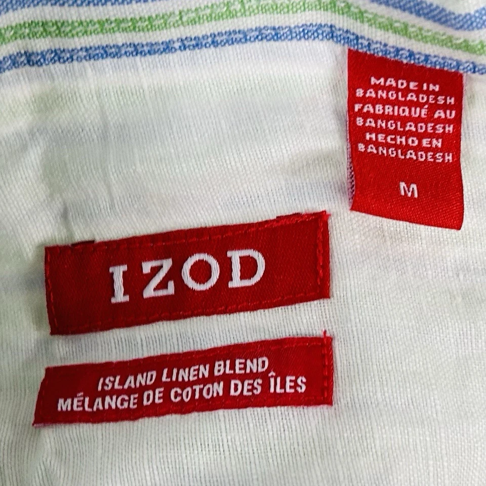 IZOD Medium Island Linen Blend Shirt Green Blue Striped Long Sleeve Button Front - Image 3 of 4