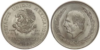 Mexico 5 Pesos 1953 Hidalgo Silver