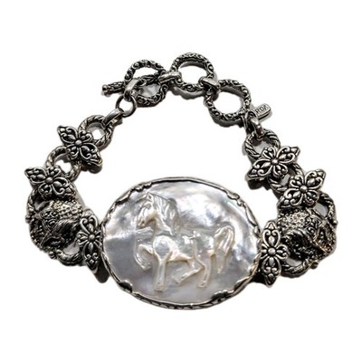 SARDA Sterling Silver 925  Carved Horse MOP Toggle Bracelet  36grm 8''