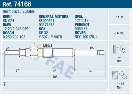 NEU - FAE 74166 GlüHkerze FüR BMW Land Rover MG Opel Rover-image