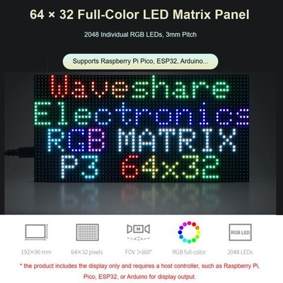 Waveshare RGB Full-color LED Matrix Panel, 3mm Pitch, 64 × 32 Pixels, Adjustable
