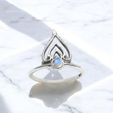 Christmas Gift 925 Silver Natural Rainbow Moonstone Crown Ring Jewelry Size 6