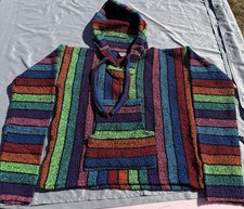 Baja Pullover Hoodie Neon Rainbow Stripe Hooded Sweatshirt Mexican Baja Jacket