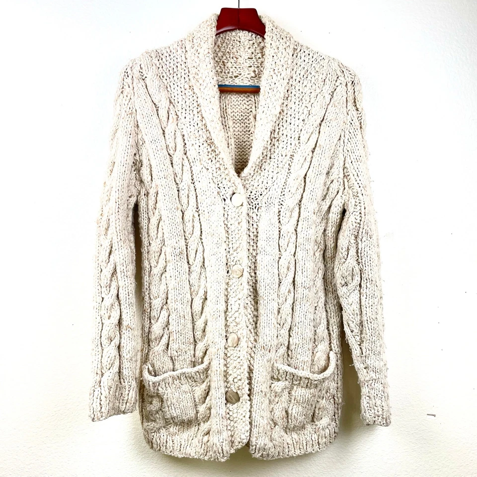 Cárdigan hecho a mano para mujer talla L lana de gran tamaño pescador grueso tejido con cable abuelo Foto 2 de 4