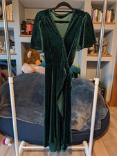 Women's Green Velvet Pleated Wrap V-Neck Short Sleeve Maxi Dress Tie Waist M