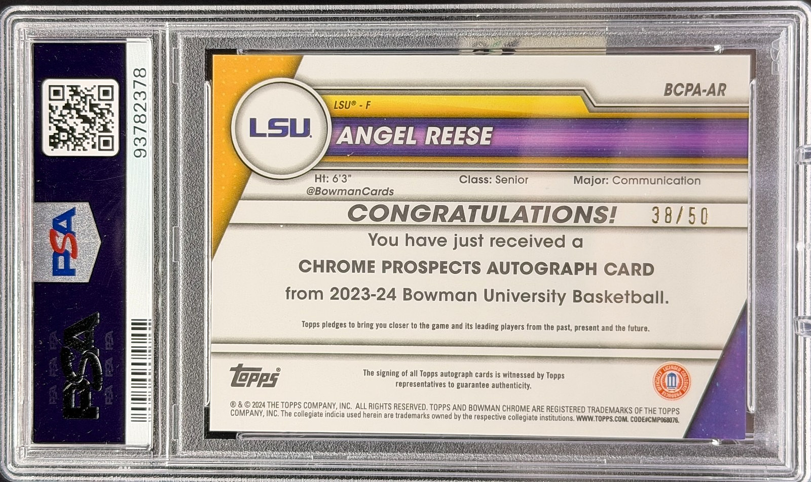 2023 Bowman U Chrome Angel Reese Prospects Auto Gold /50 view 3