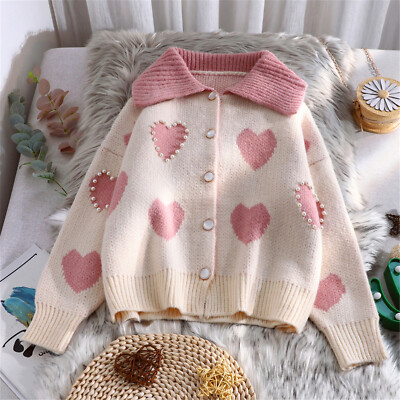 Kawaii Pink Cardigan Women Love Heart Sweet Coat Knitted Cardigan