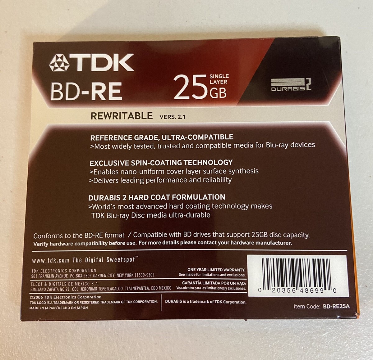 BLU-RAY DISC REWRITABLE TDK BD-RE 25GB SINGLE LAYER 1-2X