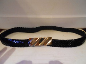 Vintage BLACK SEQUIN STRETCH BELT 1980s Gold Silver Buckle 24