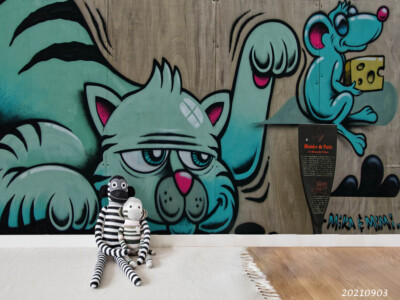 3D Doodle Cat Mouse Cheese Self-adhesive Removable Wallpaper Murals Wall