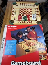 VTG Carrom Wooden Gameboard 46 pieces crokinole cue sticks Checkers COMPLETE!