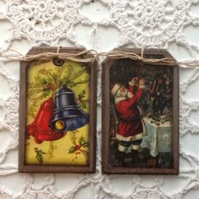NEW 5 Handcrafted Wood VINTAGE CHRISTMAS Ornaments/Winter Hang Tags SET8