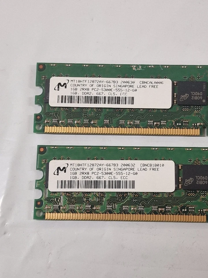2 x 1GB DDR2-667 PC2-5300E Non-Reg ECC RAM MT18HTF12872AY-667B3 HP 384705-051 - Image 2 of 4