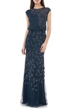 JS Collections Navy Blue Beaded Leaf Chiffon Trumpet Gown Size 4 Orig 298