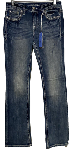 Grace In LA Women's Size 28 Easy Fit Embroidered Cross Pocket Blue Jeans EB51598