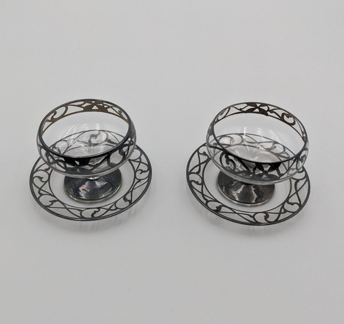 Antique Art Nouveau Sterling Silver Overlay Sherbet Bowls/Saucers Set Of 2 - Imagen 2 de 11