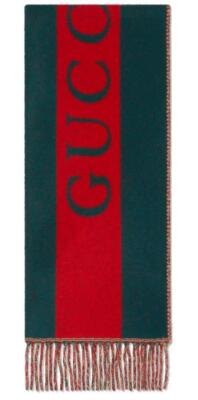 NEW GUCCI GREEN & RED WEB JACQUARD WOOL REVERSIBLE LOGO SCARF WRAP