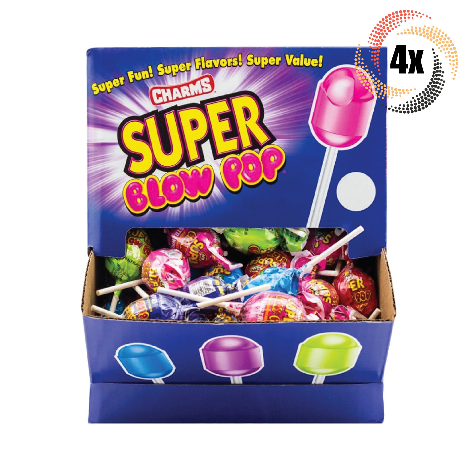 4x Коробки с конфетами-оберегами, ассорти из леденцов Super Blow Pop | 100 штук в коробке | 1,13 унции