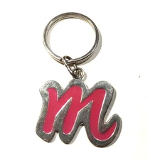 M Initial Metal Keychain Red Silver Tone Monogram