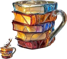 Painted Book Mug 3D Handcrafted Stacked Books Coffee Cup 11oz Christmas Gift