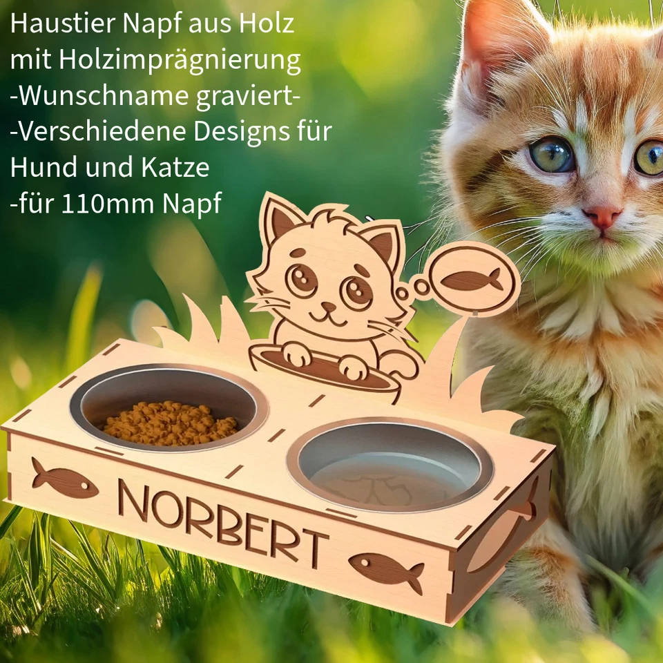Hunde und Katze Napf-Halter aus Holz – personalisiert mit Wunschname - Bild 3 von 4