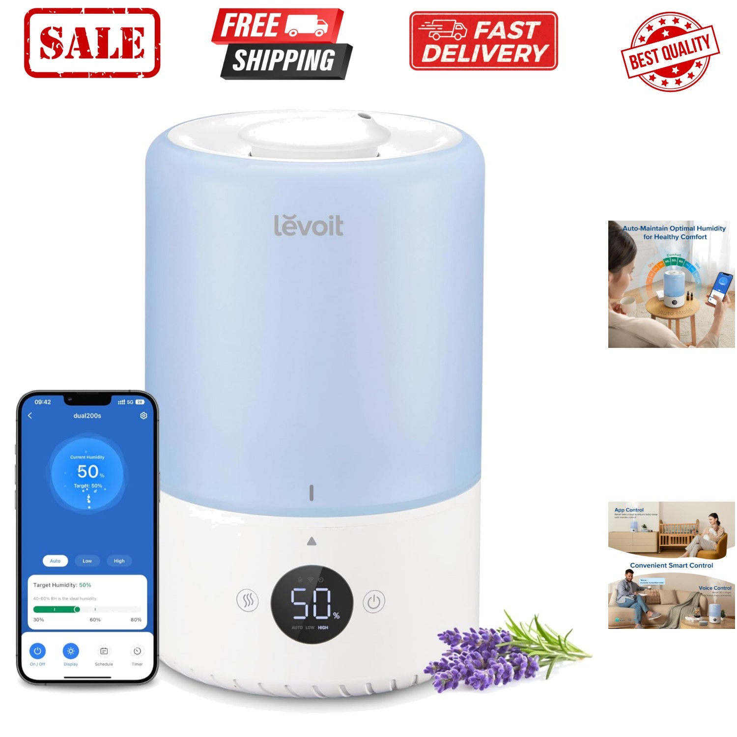 Smart Humidifiers for Bedroom Baby, Top Fill, Customize Humidity for Home, Pl...