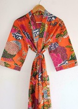 Indian Tropical print 100% cotton Orange robe gown women Boho maxi kimono dress