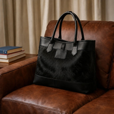 Black Hair OnHide Leather Tote Bag Handmade Cowhide Shoulder Bag with Metal Feet