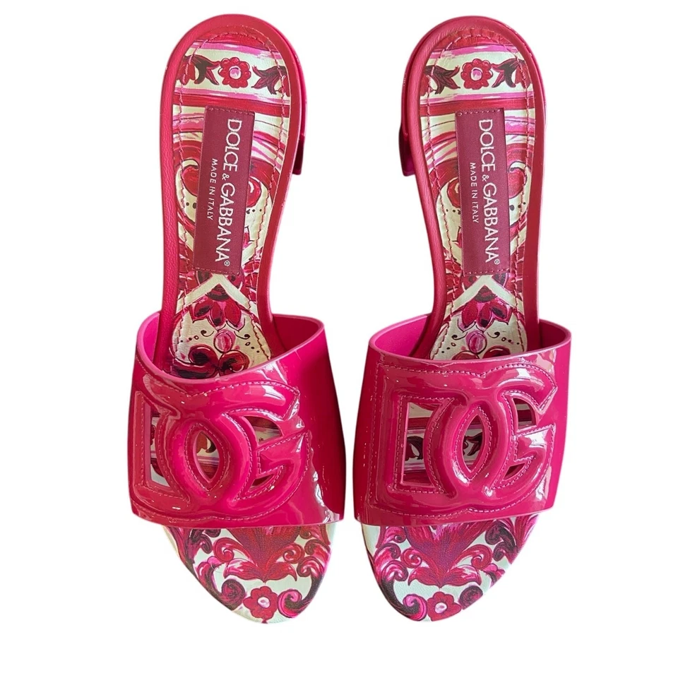 Dolce & Gabbana DG Logo Cut Out Patent Leather Mules Sandals Italy Pink Size 8 - Image 2 of 4