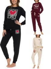 Keith Haring Women's Lounge Set Long Sleeve Shirt & Jogger Black Cream Red S M L