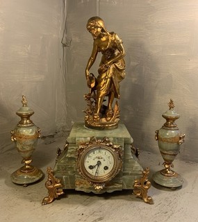 3 Piece Antique Onyx Clock Set