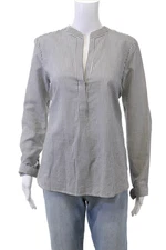 Vince Womens Cotton Striped V-Neck Long Sleeve Button-Up Blouse Gray Size 8