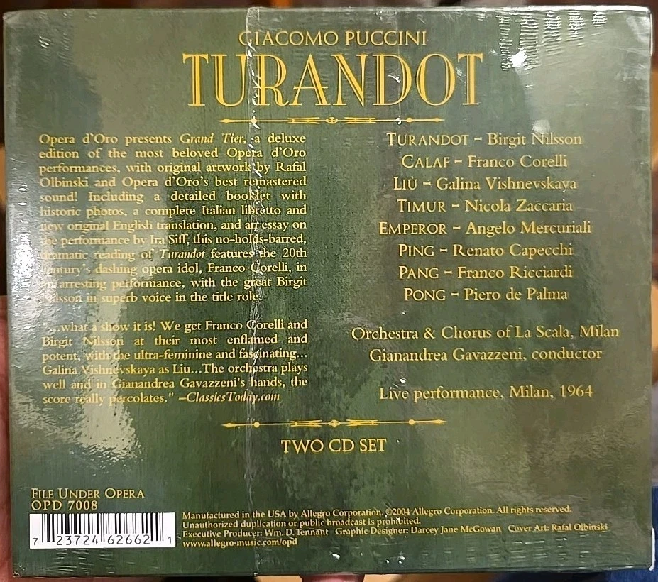 Puccini: Turandot, Gianandrea Gavazzeni (CD 2004, 2-Discs, Opera D'Oro) Sealed! - Image 2 of 4