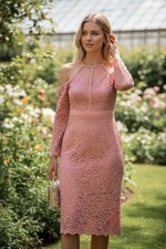Express Pink Lace Cold Shoulder Midi Dress Size 4 Long Sleeve Mesh Lined