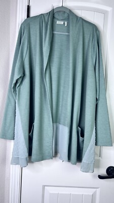 LOGO LOUNGE Lori Goldstein Knit Cardigan Sz 2X Green Chiffon hem Lagenlook