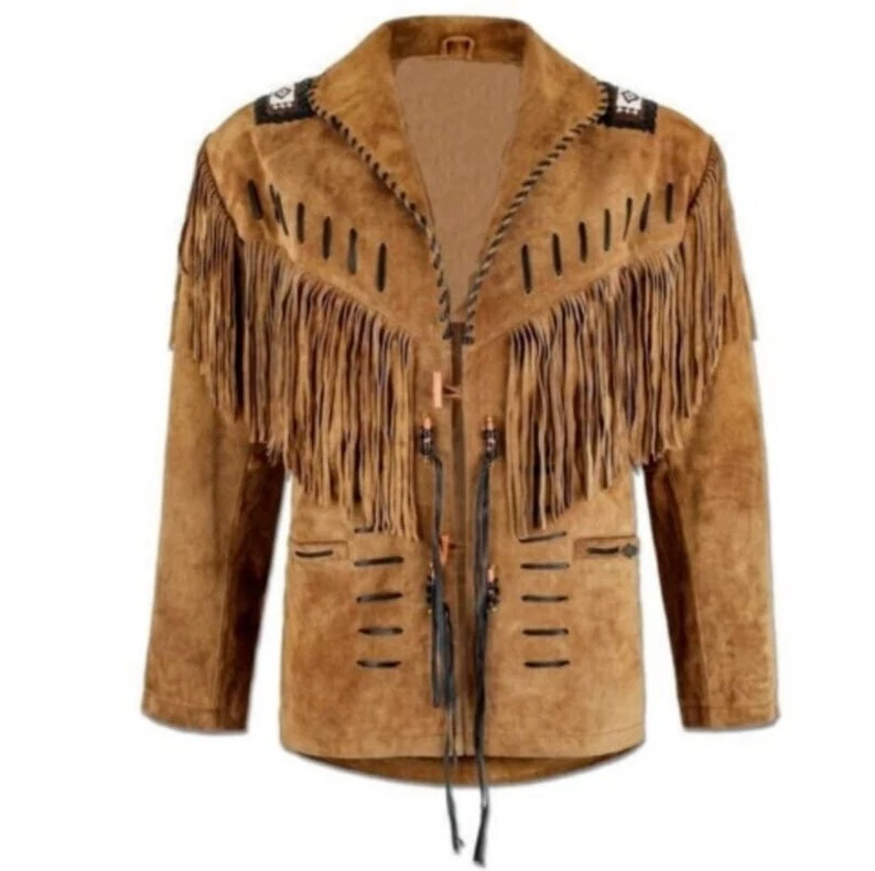 Men's Hunter Native American Western Cowboy Suede Leather Jacket Fringes & Beads