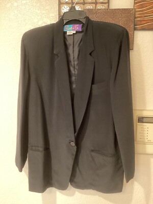 Vtg Blazer Color Fx 100% Silk Women Black Lined Shoulder Pads 44 Cx31 L Sz. Med