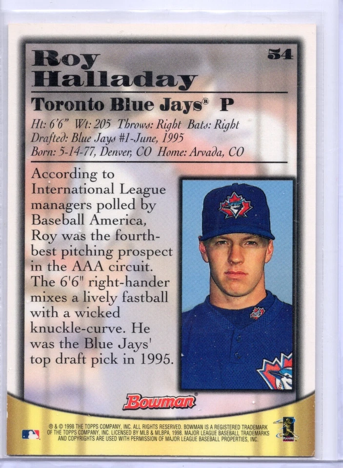 1998 Bowman Roy Halladay SILVER AUTO AUTOGRAPH RC BLUE JAYS (minor wear on back) - Image 2 of 2