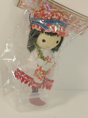 Vintage Flocked Little Girl Red Flower Dress Blk Hair Christmas Ornament NOS